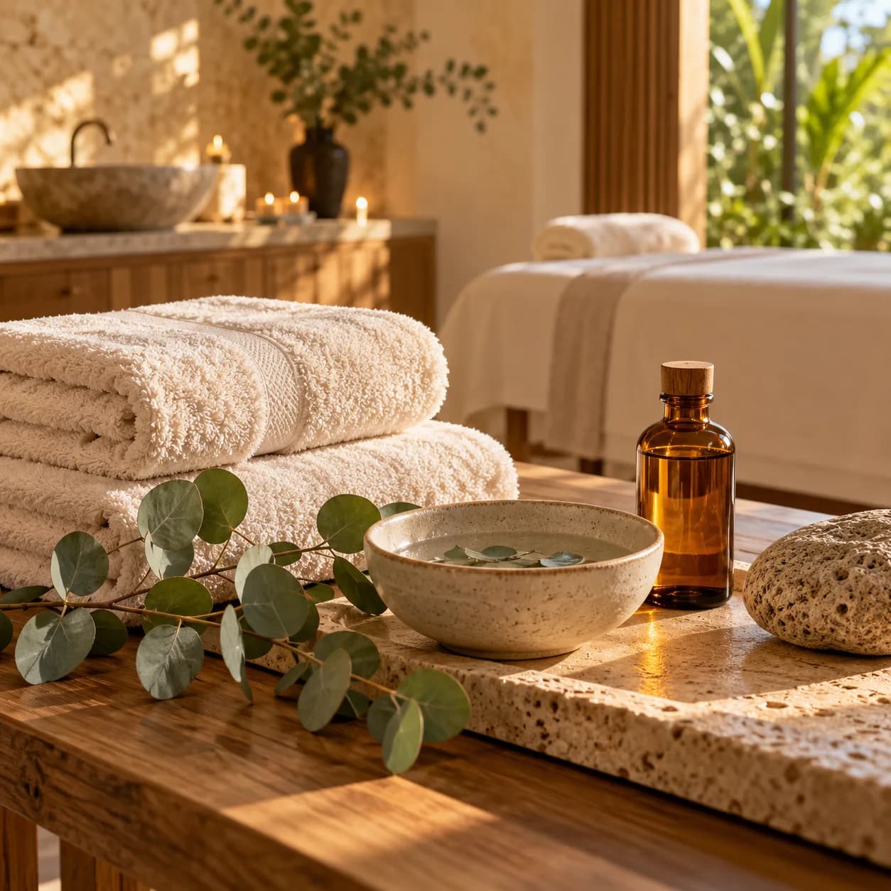 Havlular, okaliptüs ve aromaterapi yağıyla hazırlanmış spa köşesi