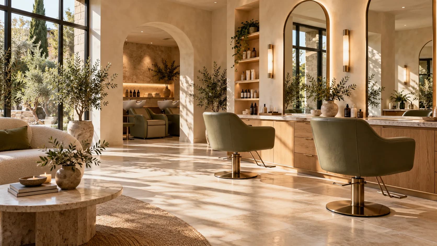 Sera House için üretilmiş, kemerli aynaları olan sıcak salon iç mekânı